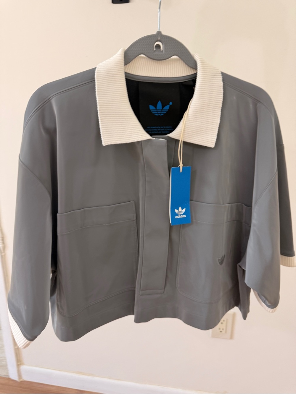 adidas Gray Cropped Faux Vinyl Polo with Cream Rib Collar